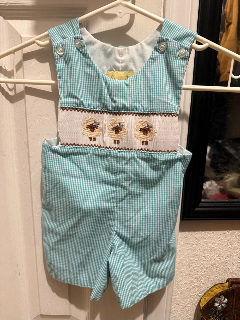 Aqua Gingham Smocked Lamb Boys Jon Jon